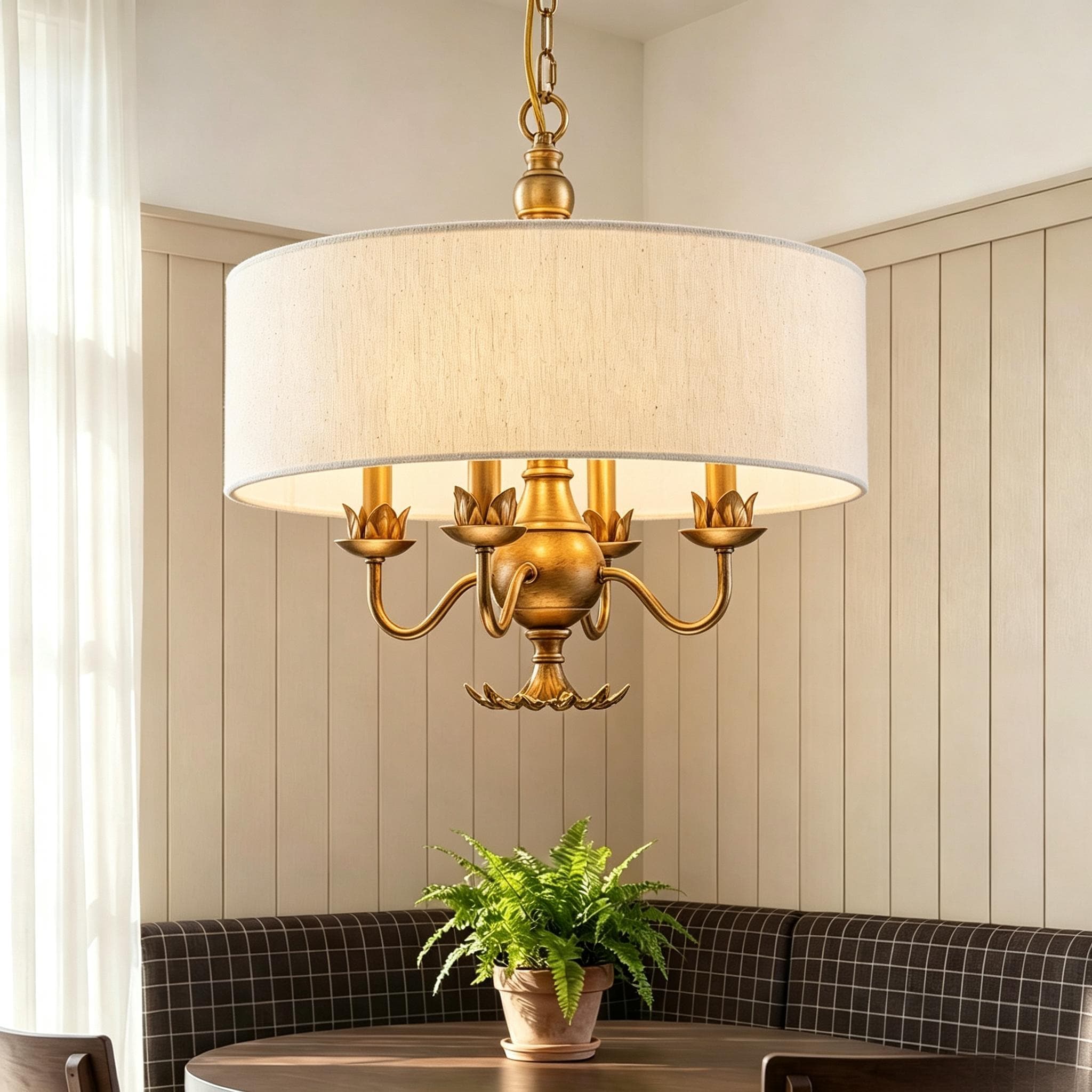 Rennnsan 4-Light Transitional Chandelier with White Linen Drum Shade for Dining Room & Living Room - 17.3 in. W x 17.7 in. H
