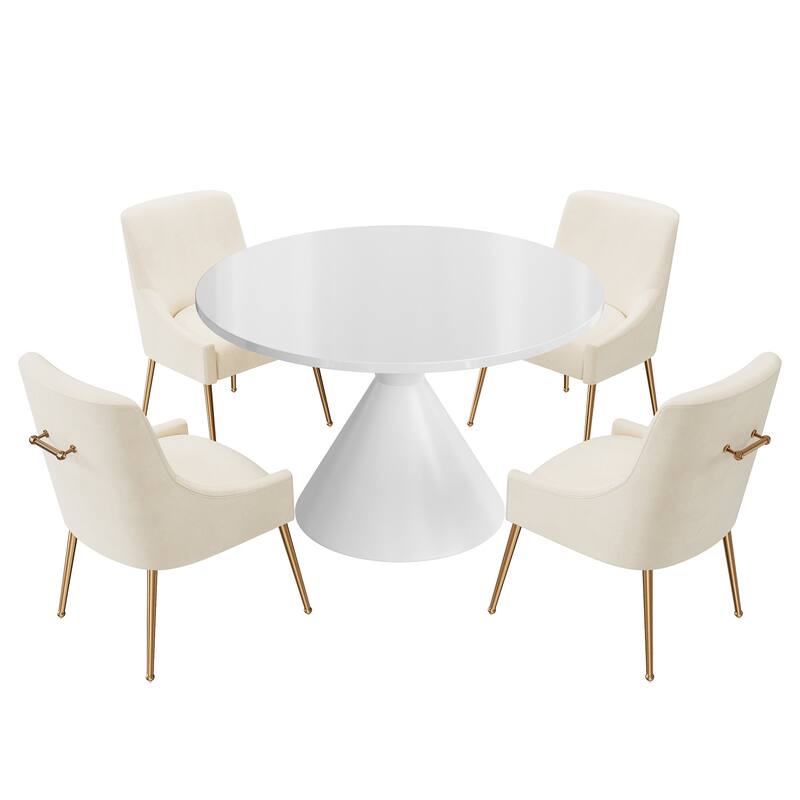 48" Light Luxury White High Gloss Large Countertop Dining Table with Velvet Dining Chair Set