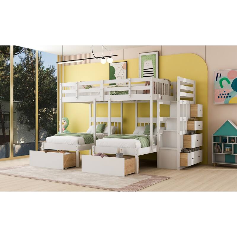 Full over Twin and Twin Size Wood Triple Bunk Bed with Storage