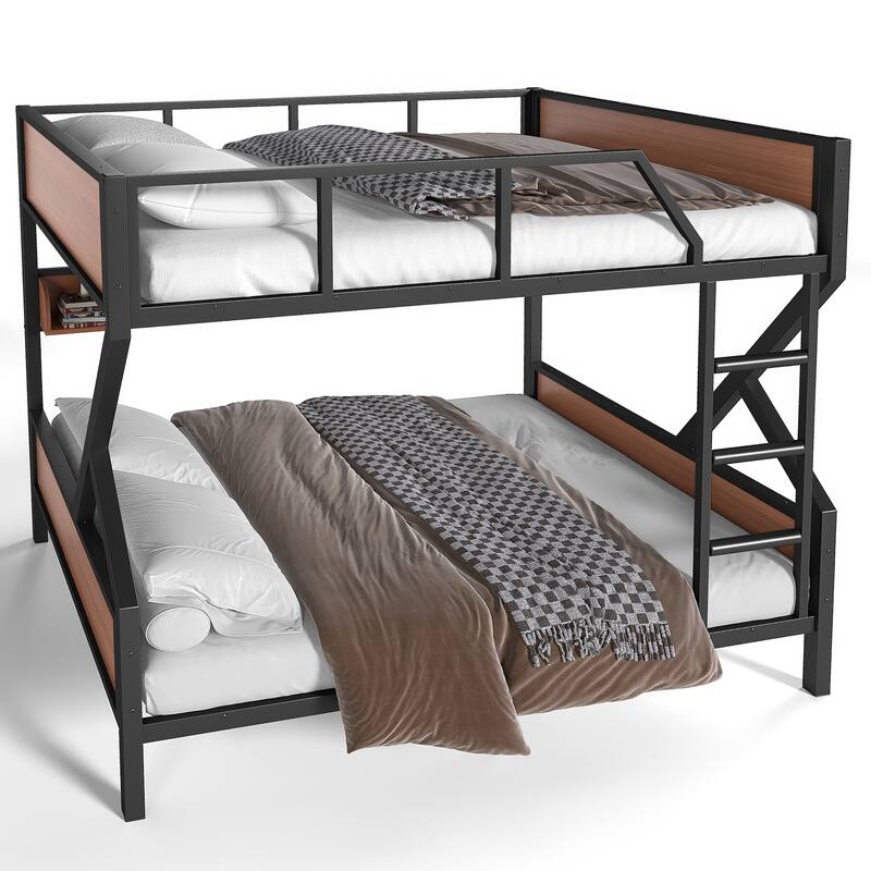 Full over Full Bunk Bed, Metal Bunk Bed with Storage Shelves and Lights, Space-saving & Noise-free Design, Black