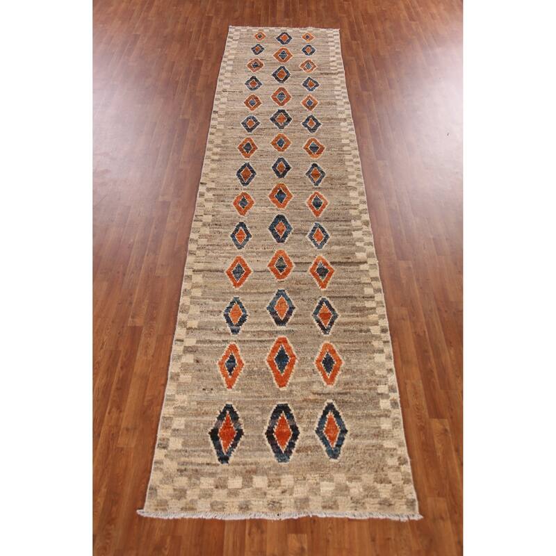 Geometric / Tribal Moroccan Oriental Runner Rug Handmade Wool Carpet - 3'8" x 15'4"