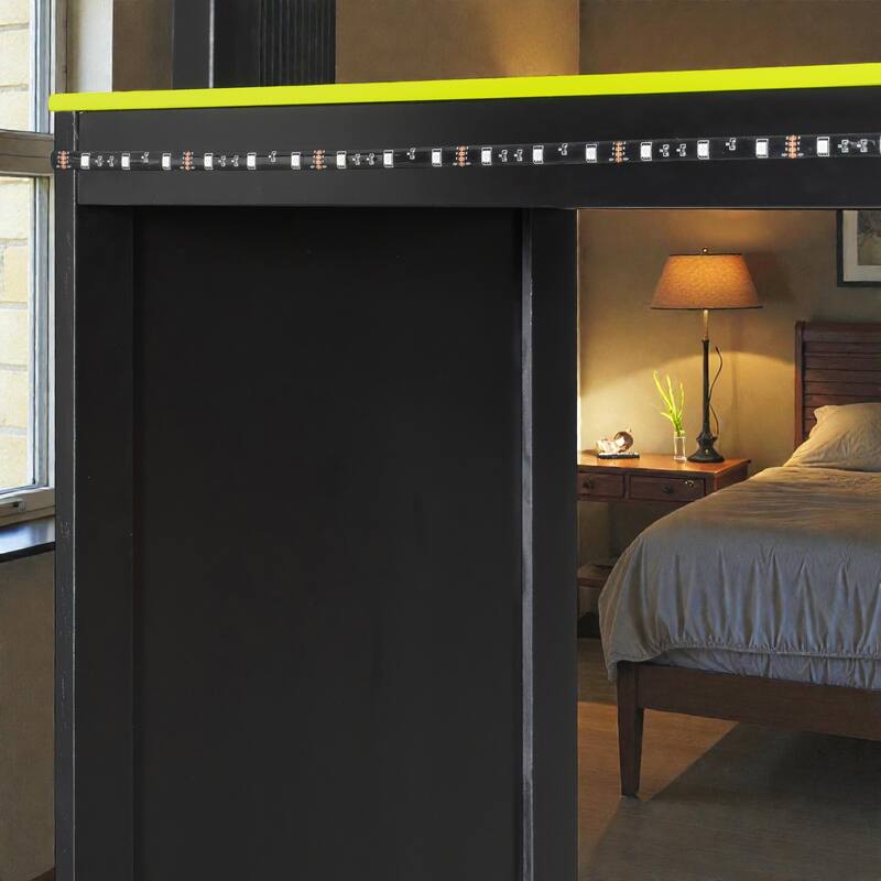 L-Shaped Twin Gaming Bed Frame with RGB LED Lights, USB Ports, TV Stand, Storage Shelves & Reversible Loft Design