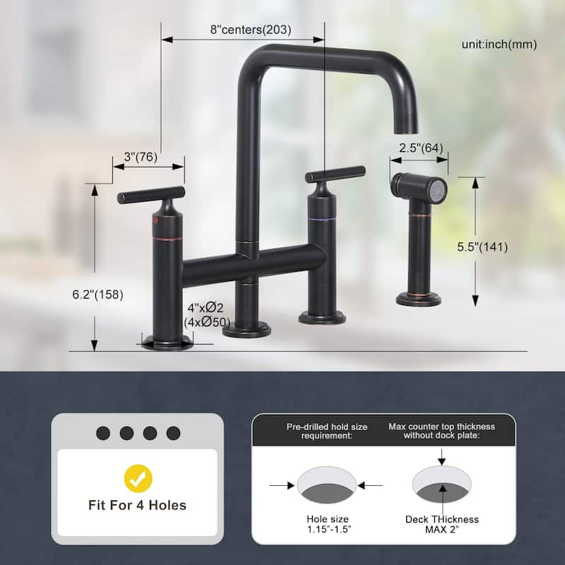 WOWOW Double Handle Bridge Kitchen Faucet with Side Sprayer