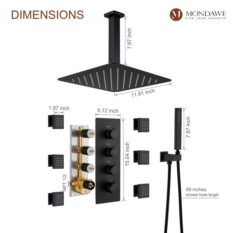 3 Functions Wall Mounted Thermostatic Shower System with Rough-in Valve