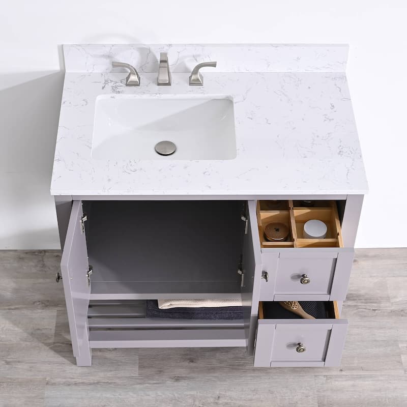 BATHLET Grey 36 inches Bathroom Vanity with Marble Top and Open Shelf