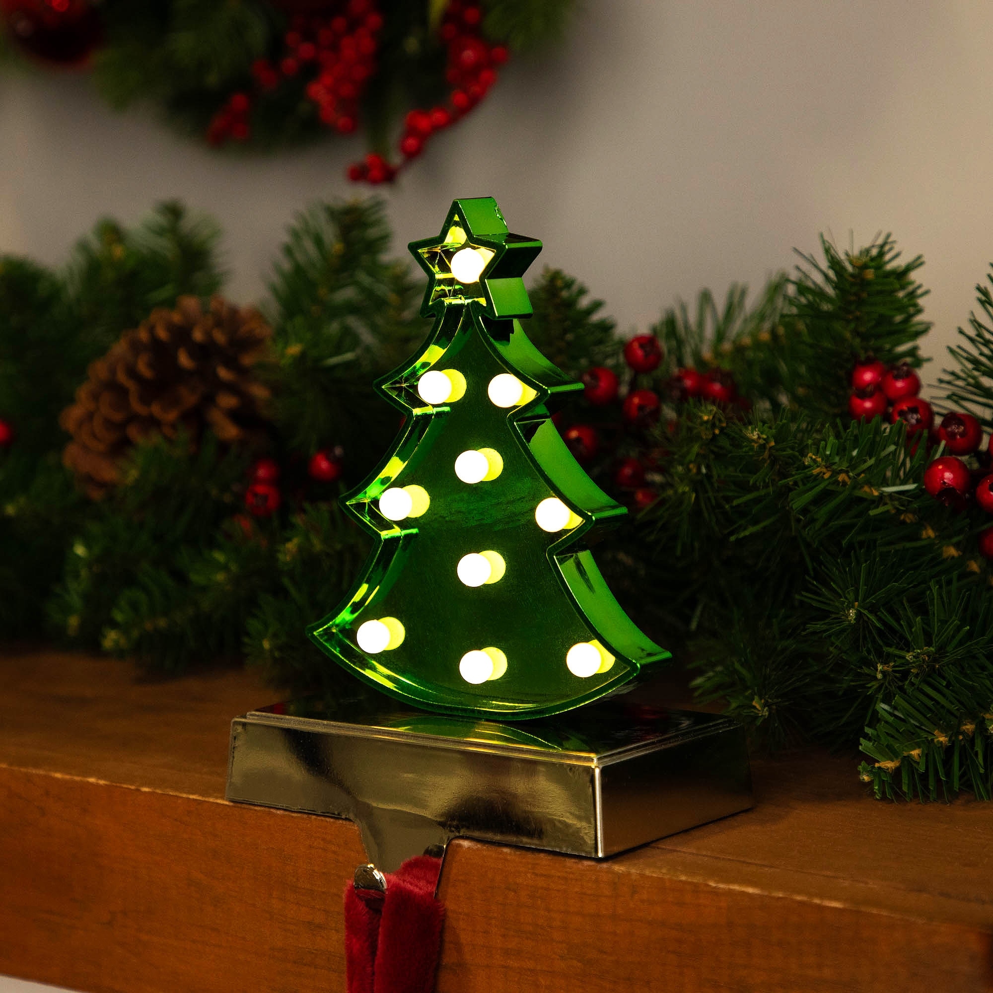 LED Lighted Shiny Christmas Tree Stocking Holder 7" Silver and Green