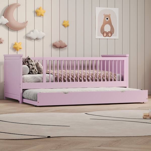 slide 2 of 20, Twin Platform Bed with Guardrail, Trundle, and Semi-Enclosed Fence, Pink Pink