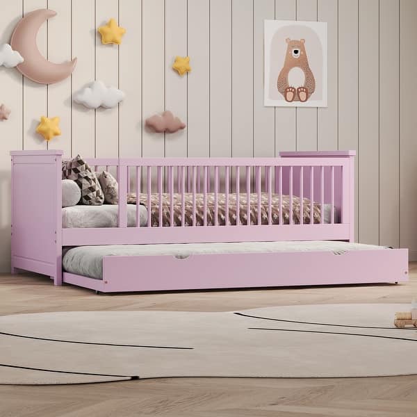 slide 2 of 15, Wood Twin Size Platform Bed with Guardrail and Trundle Pink
