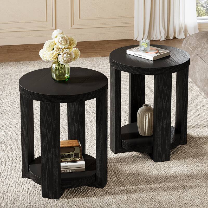 2-Tier Round End Table, Side Accent Snack Table, Living Room Bedroom Bedside Nightstand Furniture