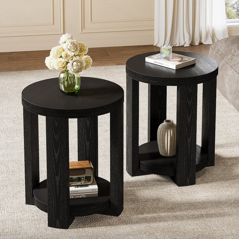 Side Table, 2-Tier Round End Table, Small Bedside Accent Furniture for Living Room, Bedroom