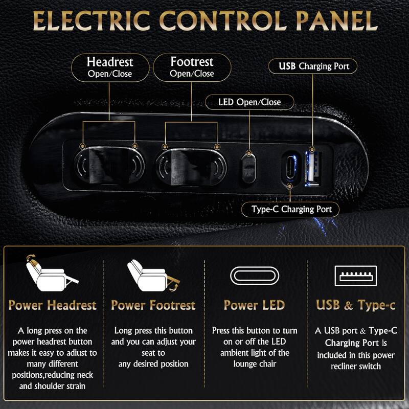 Roomfitters 62" Power Recliner Set (2-Piece), Top-Grain Nappa 11000 Leather, RGB LED & USB-C Charging, Black
