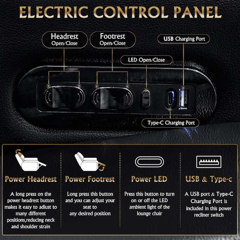Roomfitters 93.3" Power Recliner 3-Piece Set, Top-Grain Nappa Leather, 15-Color RGB LED & USB-C Charging, Black