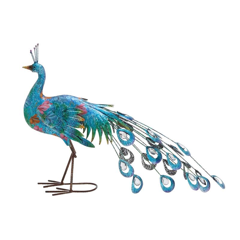 Teal Metal Indoor Outdoor Peacock Decorative Garden Sculpture with Crystal Accents