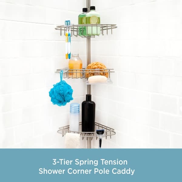 Kenney 3-Tier Stainless Steel Spring Tension Shower Corner Pole Caddy with Four Clip-on Hooks and Razor Holders, Satin Nickel Kenney 3-Tier Stainless Steel Spring Tension Shower Corner Pole Caddy with Four Clip-on Hooks and Razor Holders, Satin Nickel