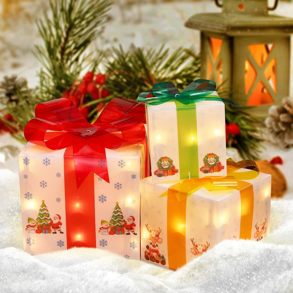 Christmas Decorations Lighted Gift Boxes, Set of 3 Gift Boxes (Large, Medium, Small) with 50 Mini Lights - COLORFUL
