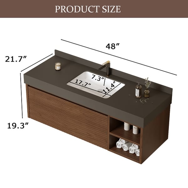 dimension image slide 0 of 10, 48" Modern Floating Single Bathroom Vanities with Sink, Brown or Natural wood, 2 Drawers