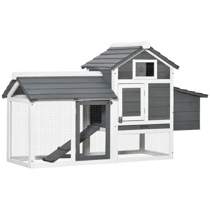 Compact Fir Wood Chicken Coop with Elevated House, Nesting Box, and Ramp - Grey White