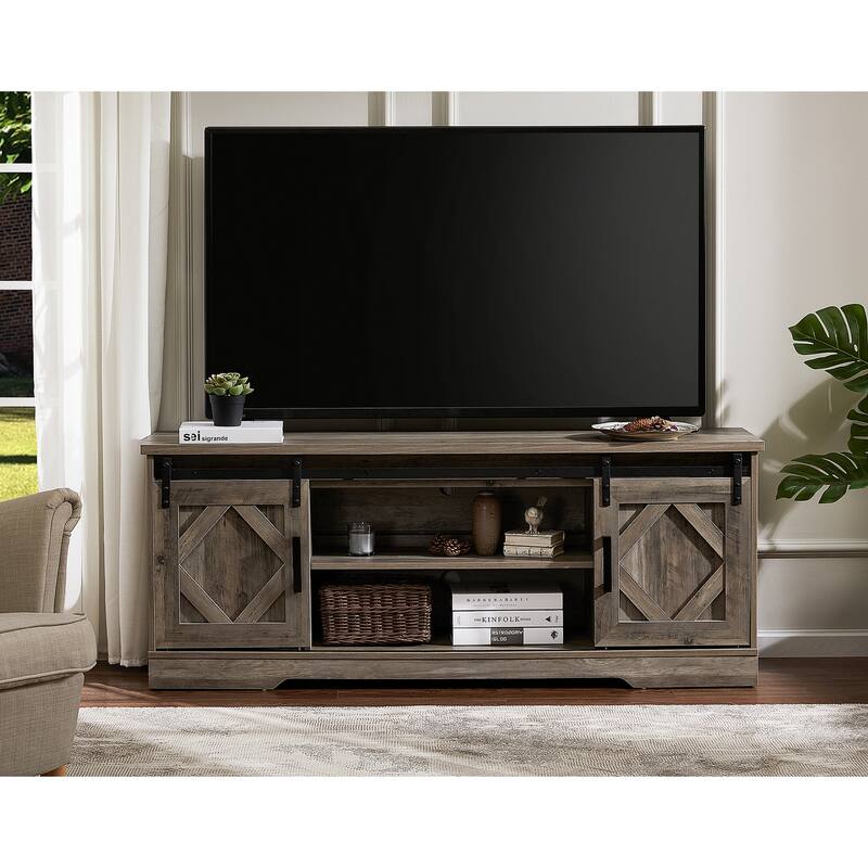 Farmhouse Sliding Barn Door TV Stand Rustic Gray for TVs up to 65"