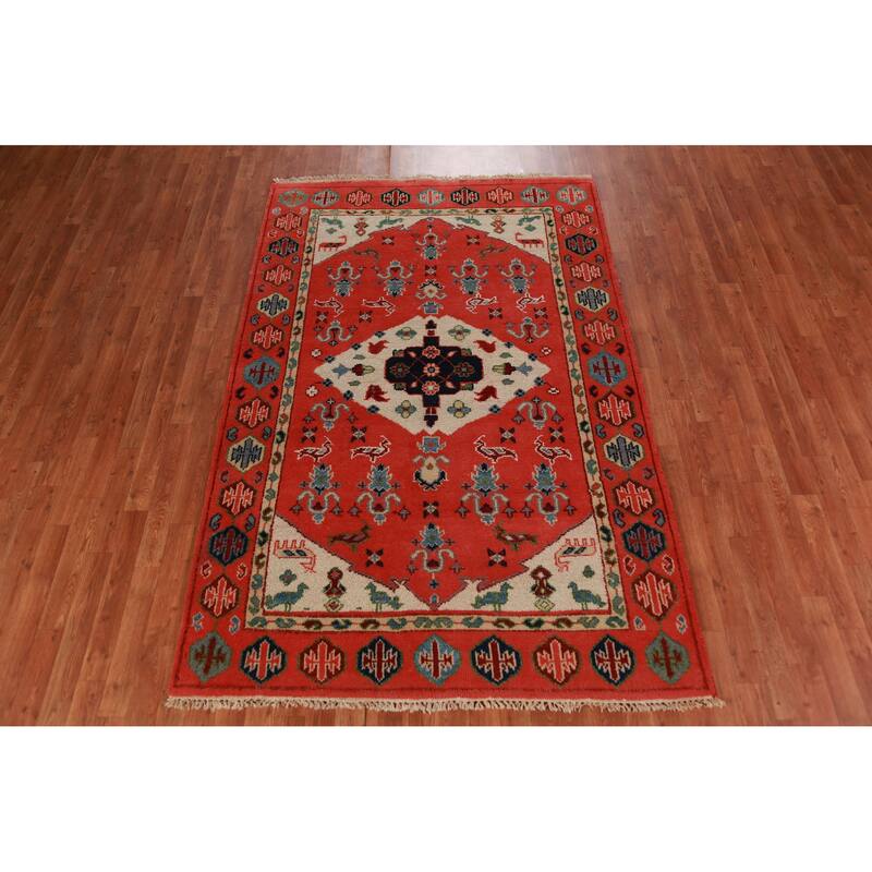 Animals Tribal Kazak Oriental Area Rug Hand-Knotted Wool Carpet - 5'0" x 7'8"