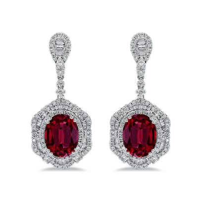 Auriya 5 3/4ct Fancy Oval-cut Red Ruby Halo Diamond Drop Earrings 3 1/8ctw 18k Gold