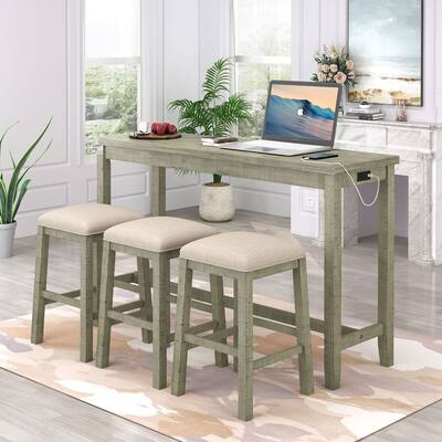 Multipurpose Bar Table Set with 3 Upholstered Stools and Socket