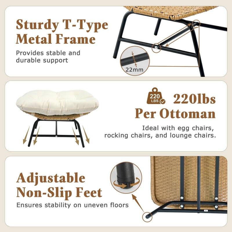 2-Piece Outdoor Wicker Ottomans with Cushions, Weather-Resistant Boho Patio Rattan Footrests for Garden, Porch, and Balcony