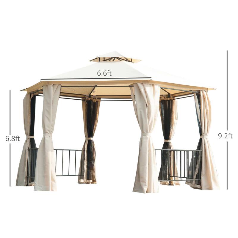 Outsunny 7' x 7' 2-Level Hexagon Outdoor Patio Gazebo Canopy Pavilion with Removable Mesh Curtains, Double Tiered Roof