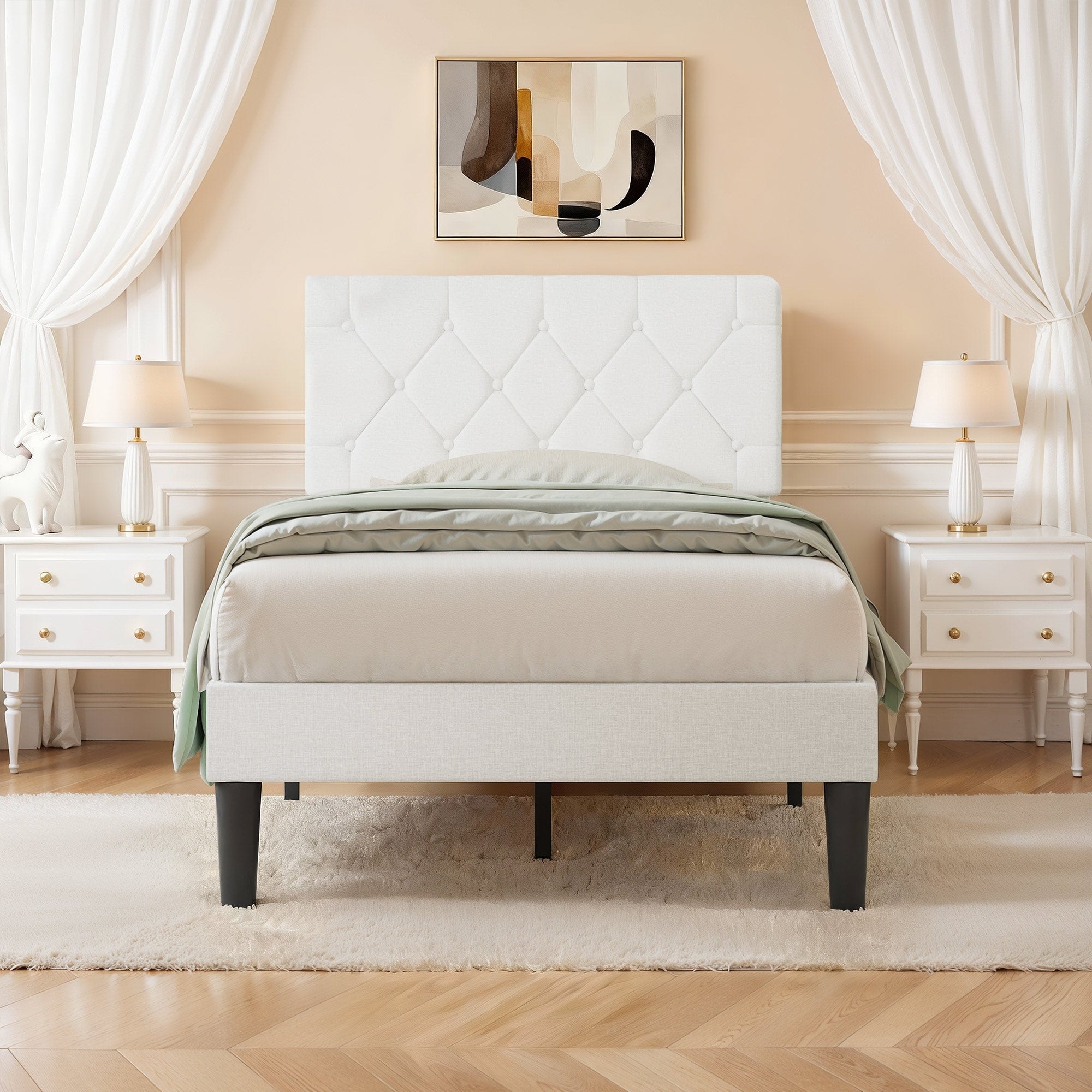 VECELO Tufted Upholstered Linen Bed Platform Bed Frame with Upholstered Headboard, Button Tufted Design
