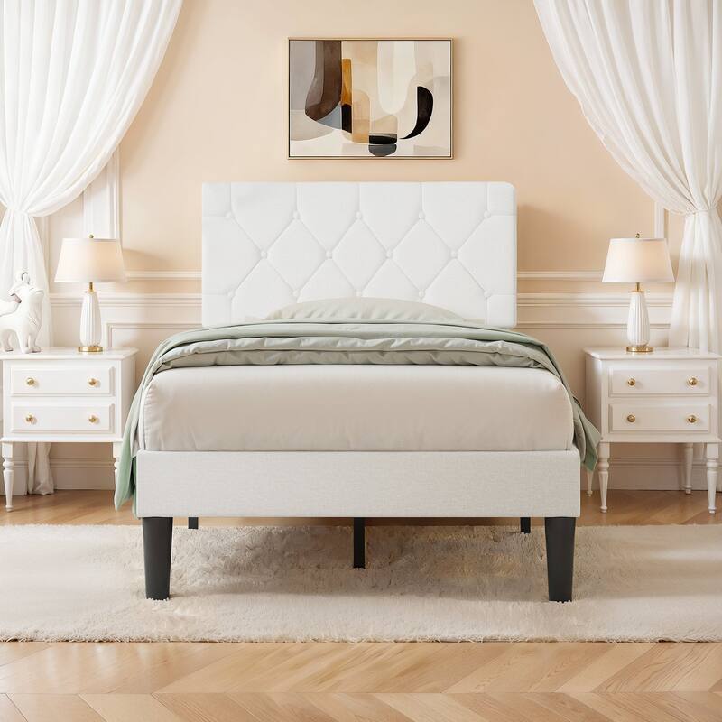 VECELO Tufted Upholstered Linen Bed Platform Bed Frame with Upholstered Headboard, Button Tufted Design - White - Twin