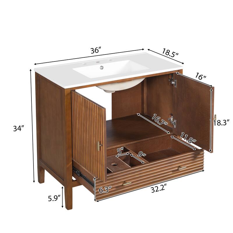 Christopher Knight Home - Mid-Century Freestanding Bathroom Vanity with Ceramic Sink, Flip-Up & Dual Drawers