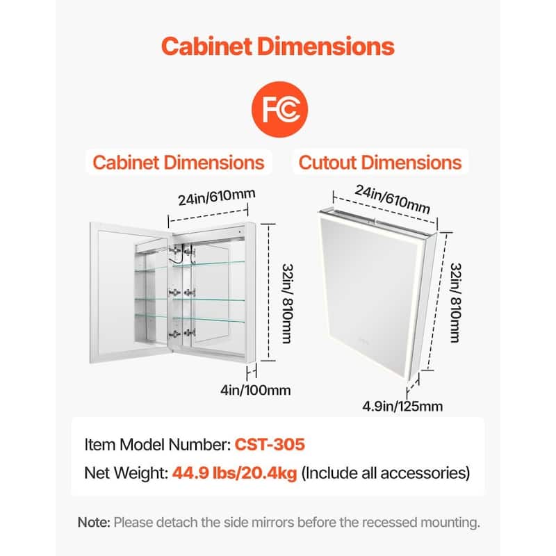 24" Wall Mounted Lighted Bathroom Mirror Medicine Cabinet with Anti-Fog and Magnifier - 24” x 4.9” x 31.9”