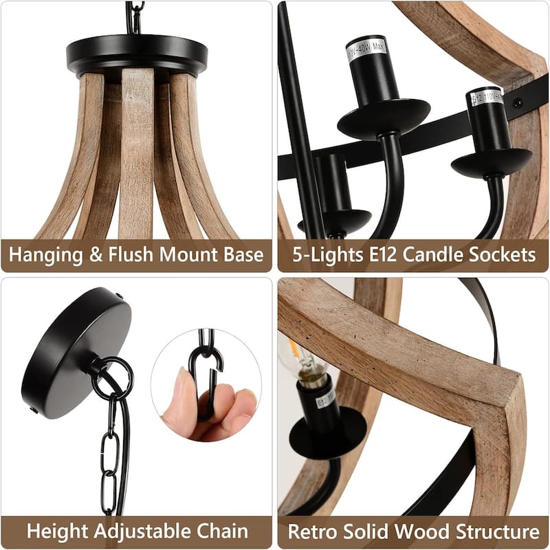 19"Chandelier Light Fixtures, 5-Light Dining Room Light Fixtures Over Table, Solid Wood Modern Chandeliers, Height Adjustable