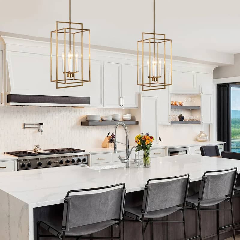 Modern 4-Light Gold Chandelier Lantern Island Pendant for Dining Room