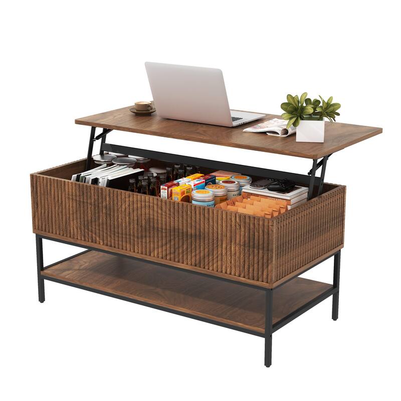 Lift Top Coffee Table 39.4 Inch Rectangle, Farmhouse Style with Hidden Storage & Lower Shelf, Sturdy Steel Legs