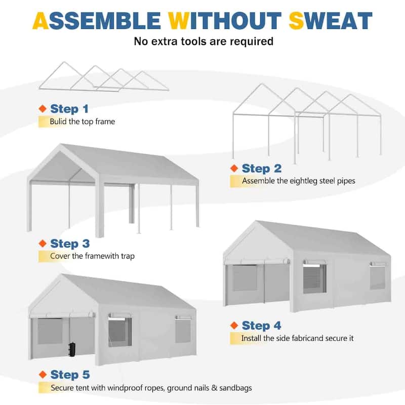 Futzca 12x20 ft Carport Canopy, Waterproof Outdoor Shelter with Sandbags