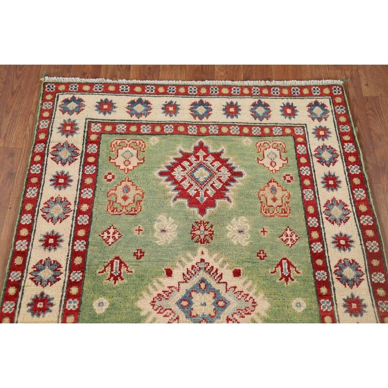 Light Green Geometric Kazak Foyer Rug Hand-Knotted Wool Carpet - 2'10" x 4'2"