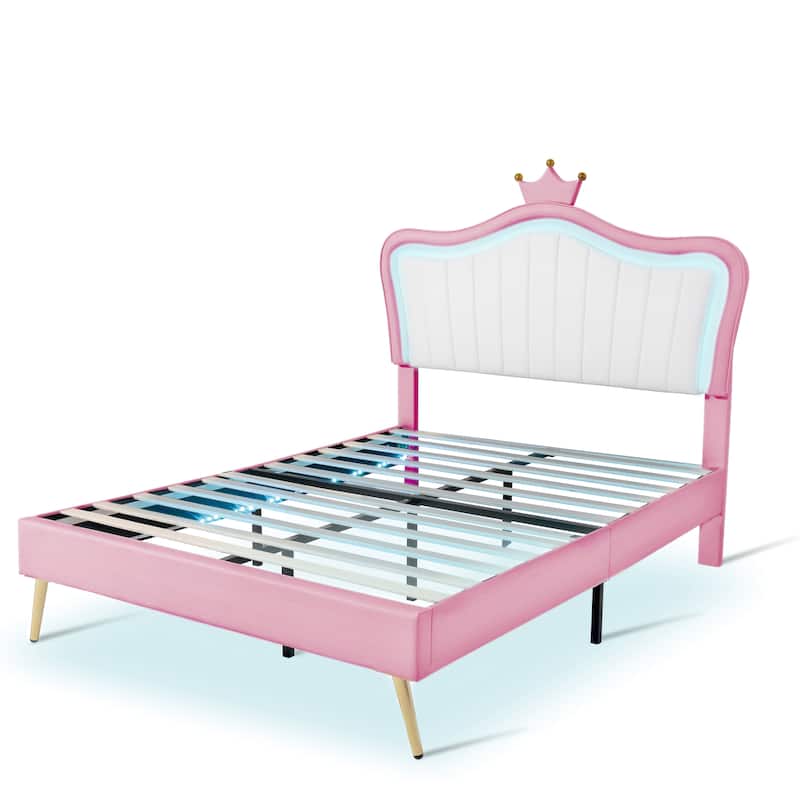 Modern Crown Headboard Upholstered Bed Frame with LED Lights