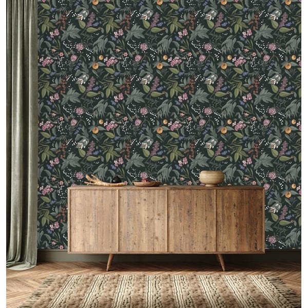 Dark Green Wallpaper with Flowers Peel and Stick and Prepasted - Bed ...