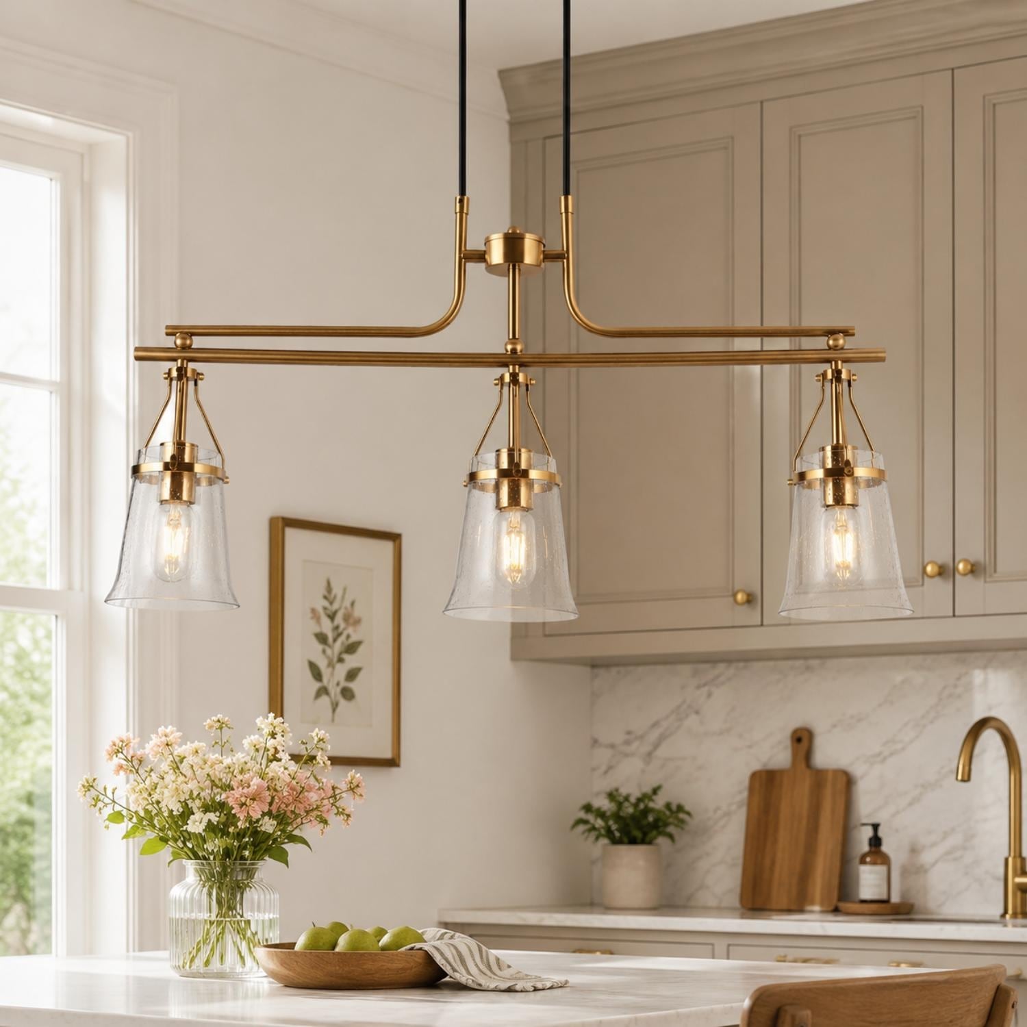 LALUZ Modern Gold 3-Light Chandelier Linear Pendant for Kitchen Island Dining Room - W33" x L5.5" x H17"