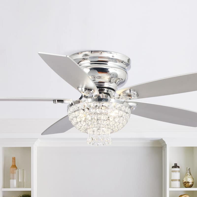 52" Chrome Wood 5-blade Flush Mount Crystal Ceiling Fan with Remote
