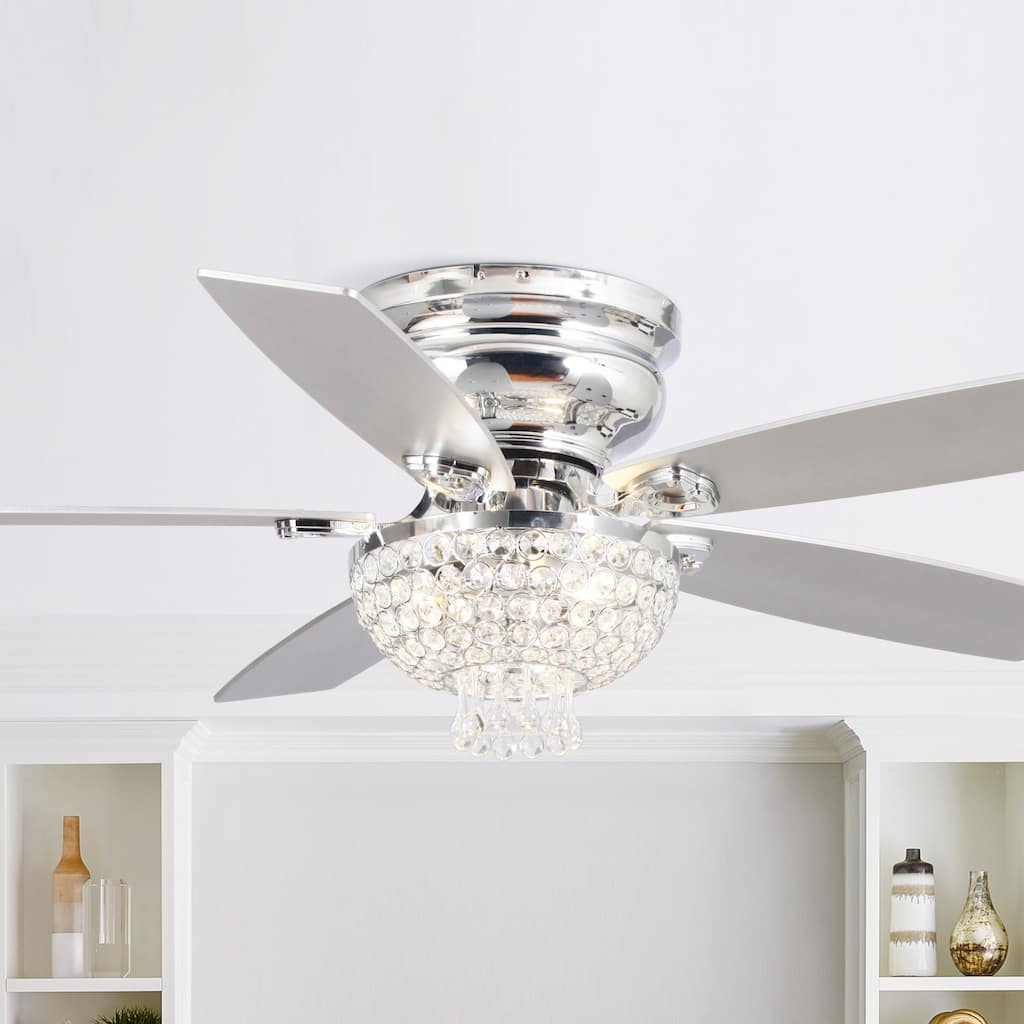 52" Chrome Wood 5-blade Flush Mount Crystal Ceiling Fan with Remote