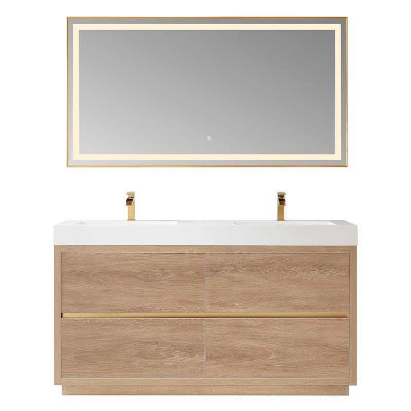 Huesca 60" Double Sink Bath Vanity with White Sink Top and Mirror - Wood Finish - Beige - Double Vanities