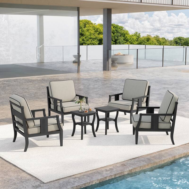 6-Piece Outdoor Teak Seating Set Armchair Patio Conversation Sets with 2 Tables, Cushion