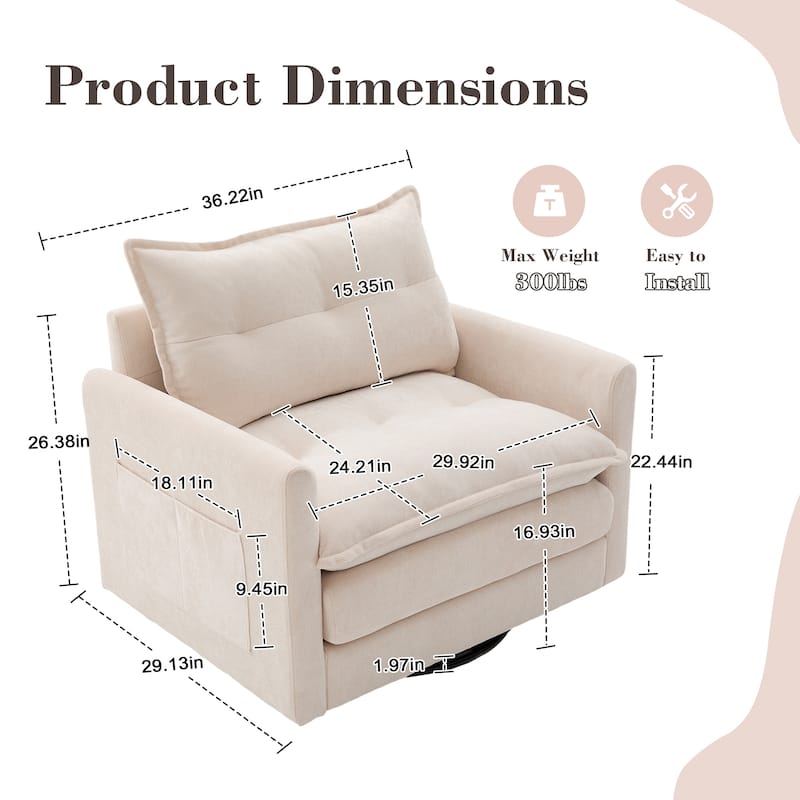 Chenille 360° Swivel Barrel Chair with Memory Foam and Side Pockets