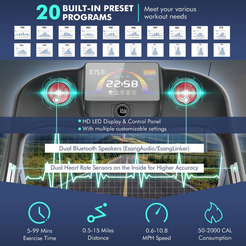 SuperFit 4.75HP Folding Treadmill w/Preset Programs Touch Screen - 64'' x 30'' x 45''