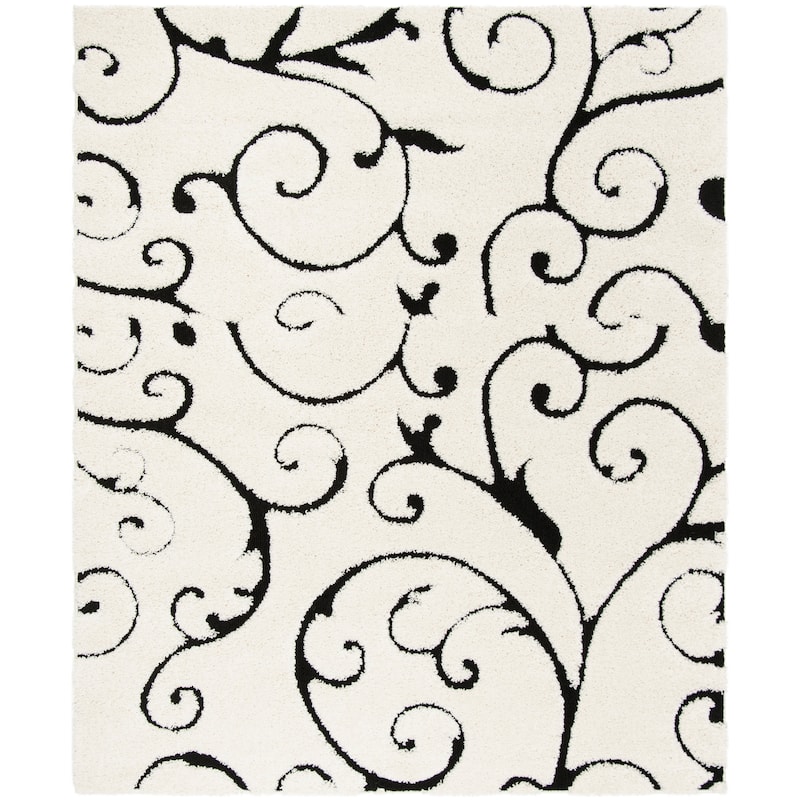 SAFAVIEH Florida Shag Shahin Scroll 1.2-inch Thick Textured Rug - 6'7" Square - Ivory/Black