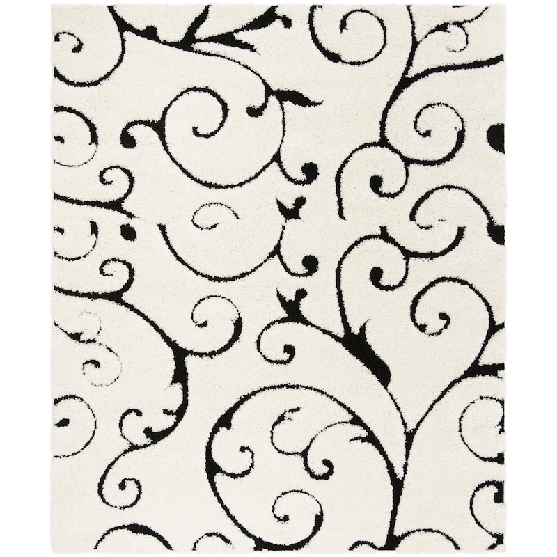 SAFAVIEH Florida Shag Shahin Scroll 1.2-inch Thick Textured Rug - 10' x 10' Square - Ivory/Black