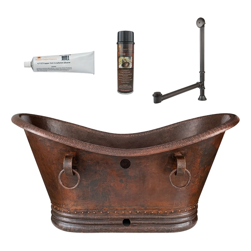 60" Hammered Copper Double Slipper Bathtub with Rings and Overflow Holes and Drain Package