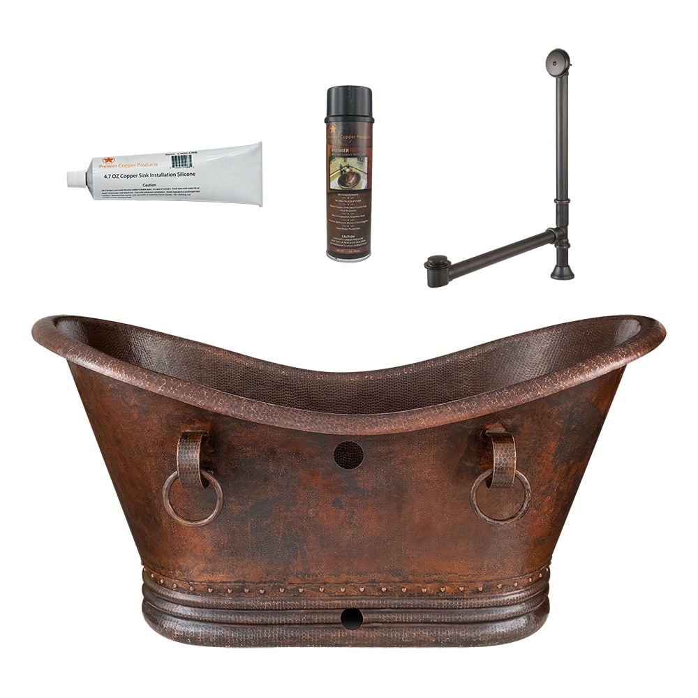 60" Hammered Copper Double Slipper Bathtub with Rings and Overflow Holes and Drain Package