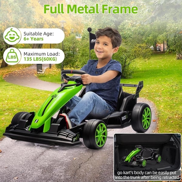 slide 2 of 20, 24V Ride On Go Kart for Kids, 7Ah Battery Two 200W Motors, Ajustable Length Electric Ride Toy Green